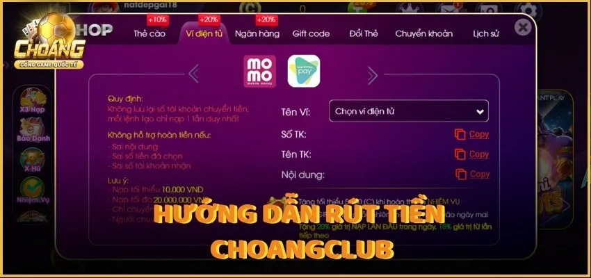 Giao diện rút tiền Choangclub