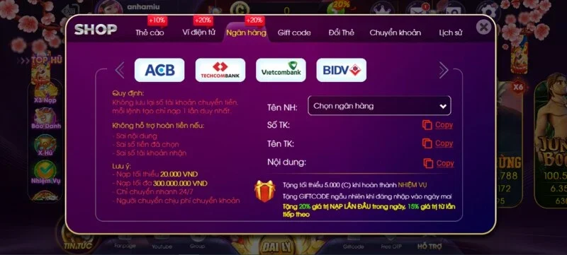 Nạp tiền choáng club qua ngân hàng