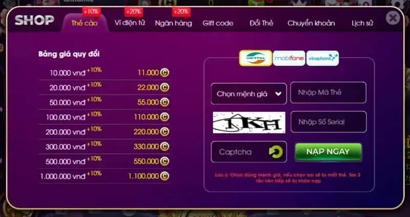 Hướng dẫn người chơi nạp tiền ChoangClub