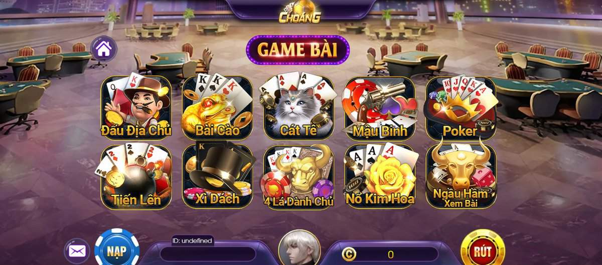 Sảnh game bài Choang Club thiết kế gọn gàng, khoa học, đẹp mắt và thân thiện