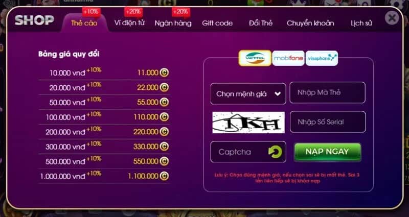 Hướng dẫn người chơi nạp tiền ChoangClub